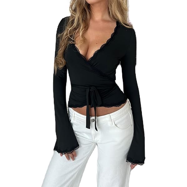 Women Ballet Wrap Top Y2K Cross Tie Knot Long Sleeve Deep V